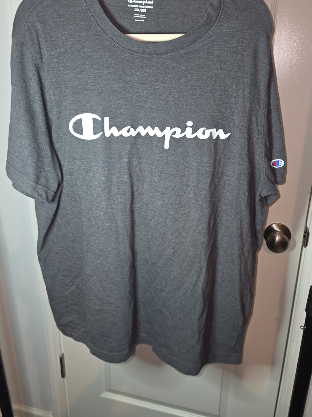 Champion Short Sleeve Logo Tee in Charcoal Gray and White